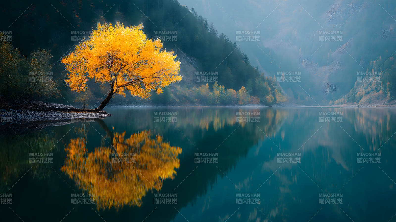 秋日湖边金黄树图片