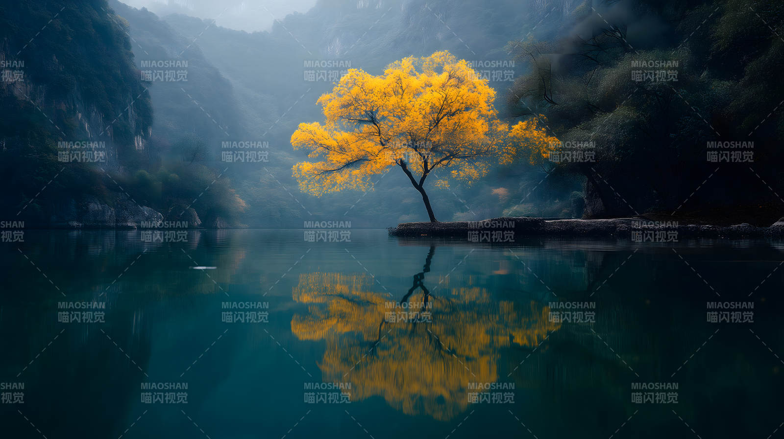 秋日湖畔金黄树图片