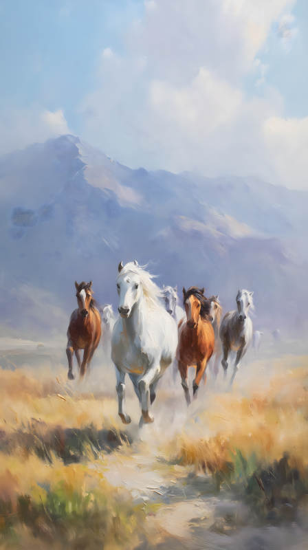 奔腾的野马群在山间驰骋图片