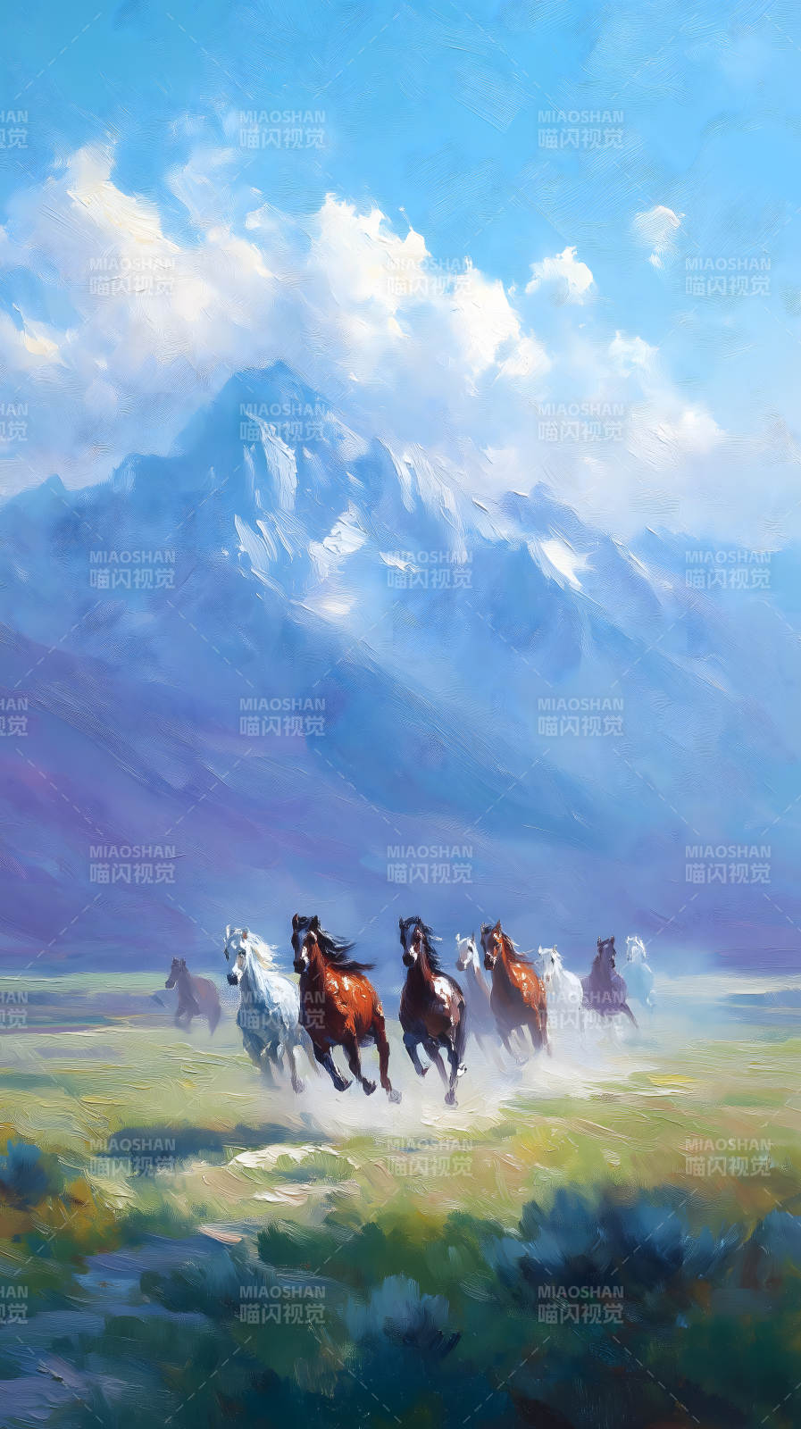奔腾的野马与雪山图片
