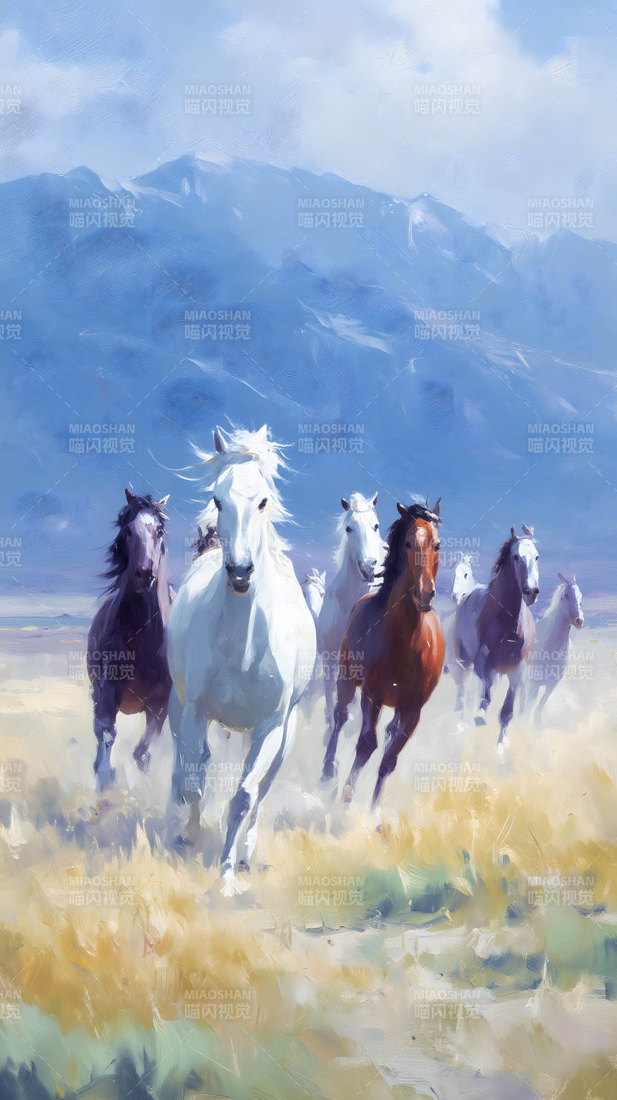 奔腾的野马群在山峦间飞驰图片