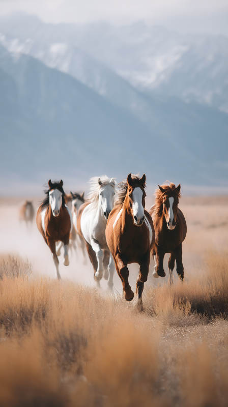 奔腾的野马群在草原上飞驰图片