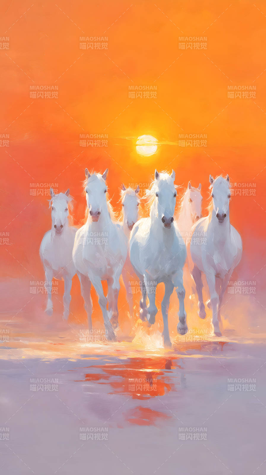 落日下奔腾的白马图片
