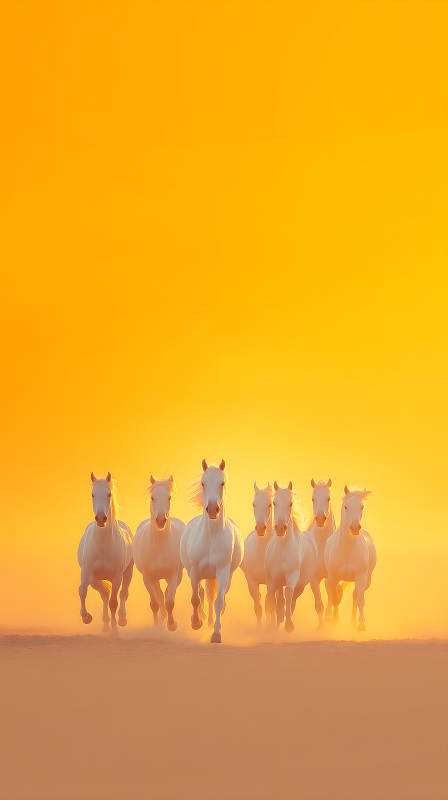 金色夕阳下奔驰的白马图片