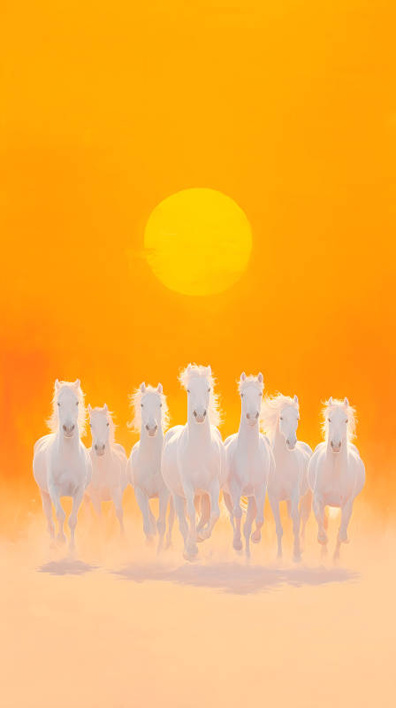 金色夕阳下的白马奔腾图片