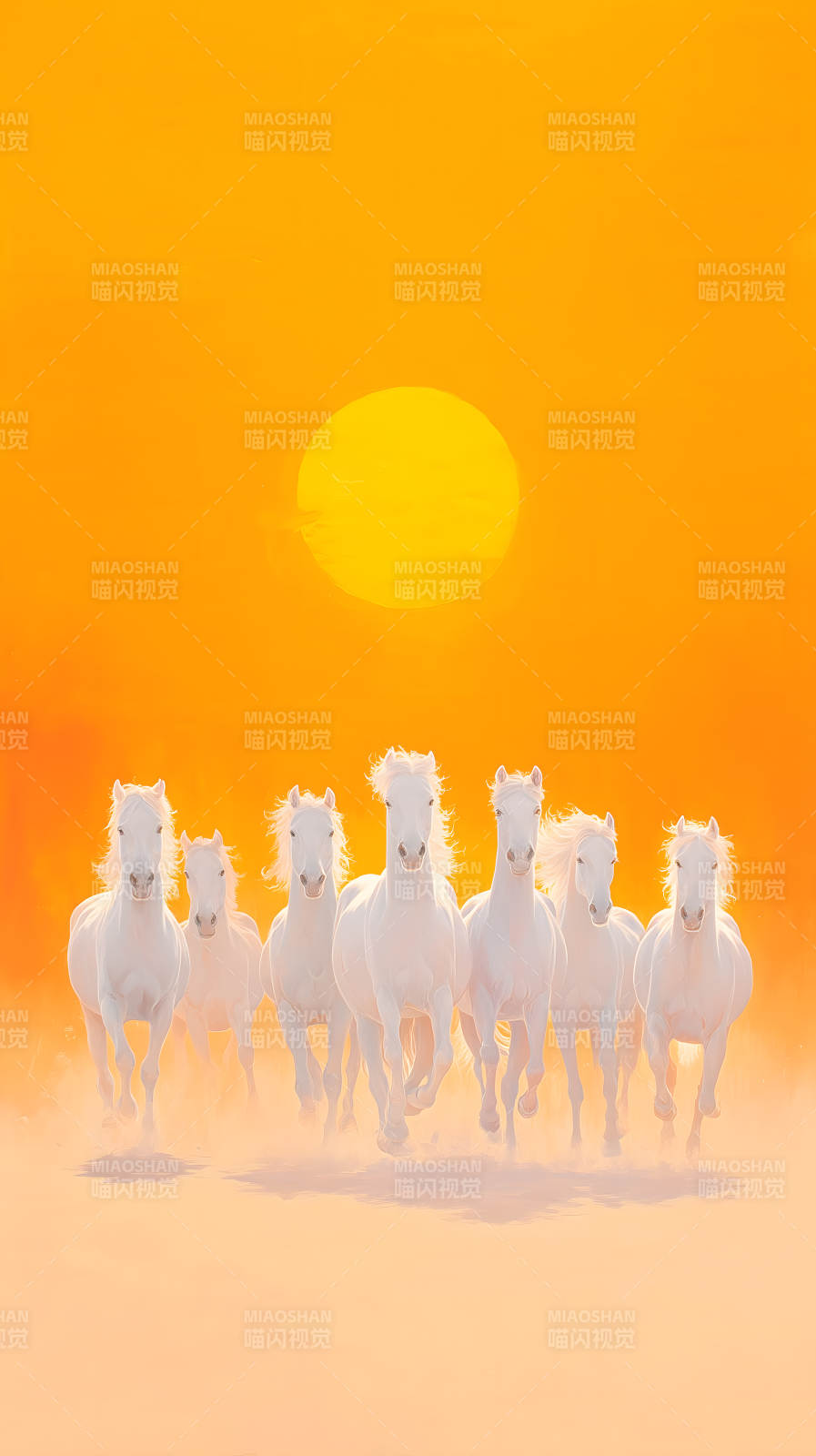 金色夕阳下的白马奔腾图片