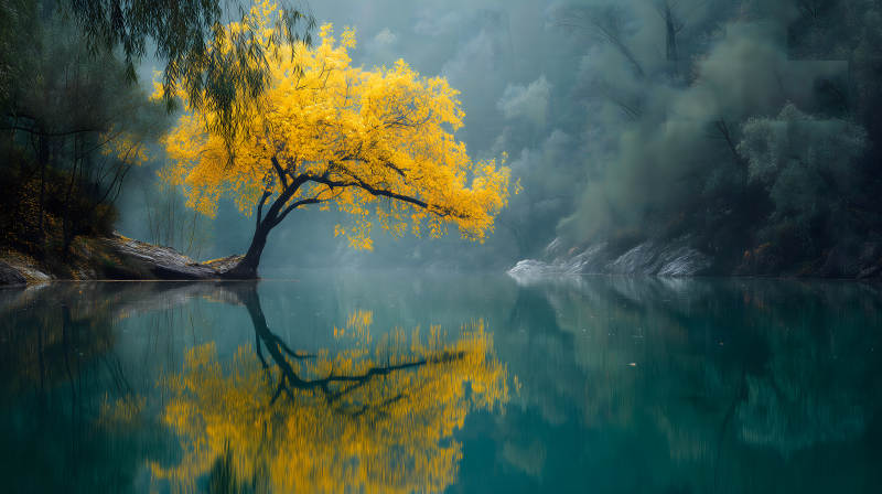 秋日湖畔金黄树影图片