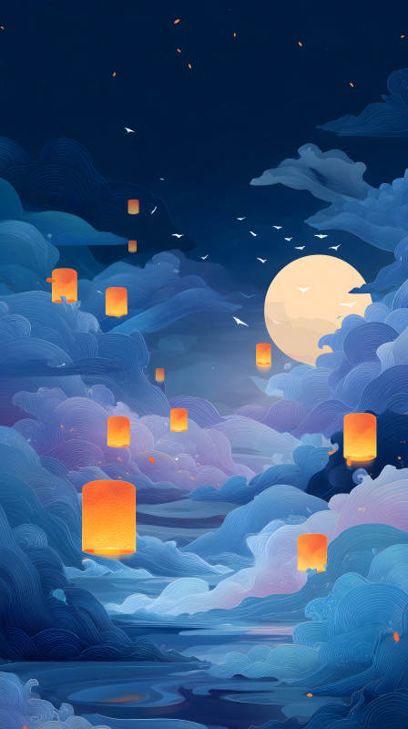 夜空飞舞的河灯图片