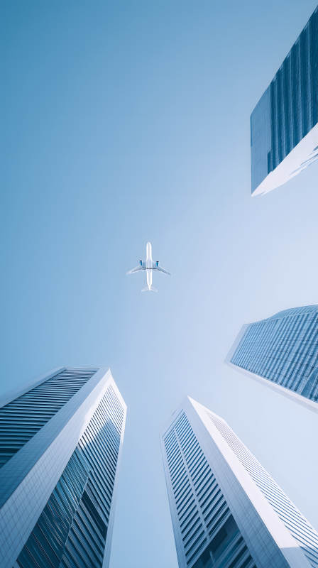 高楼与飞机的蓝天图片