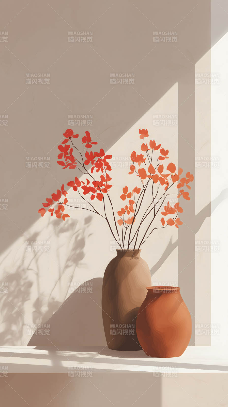 阳光下的陶罐与红花图片