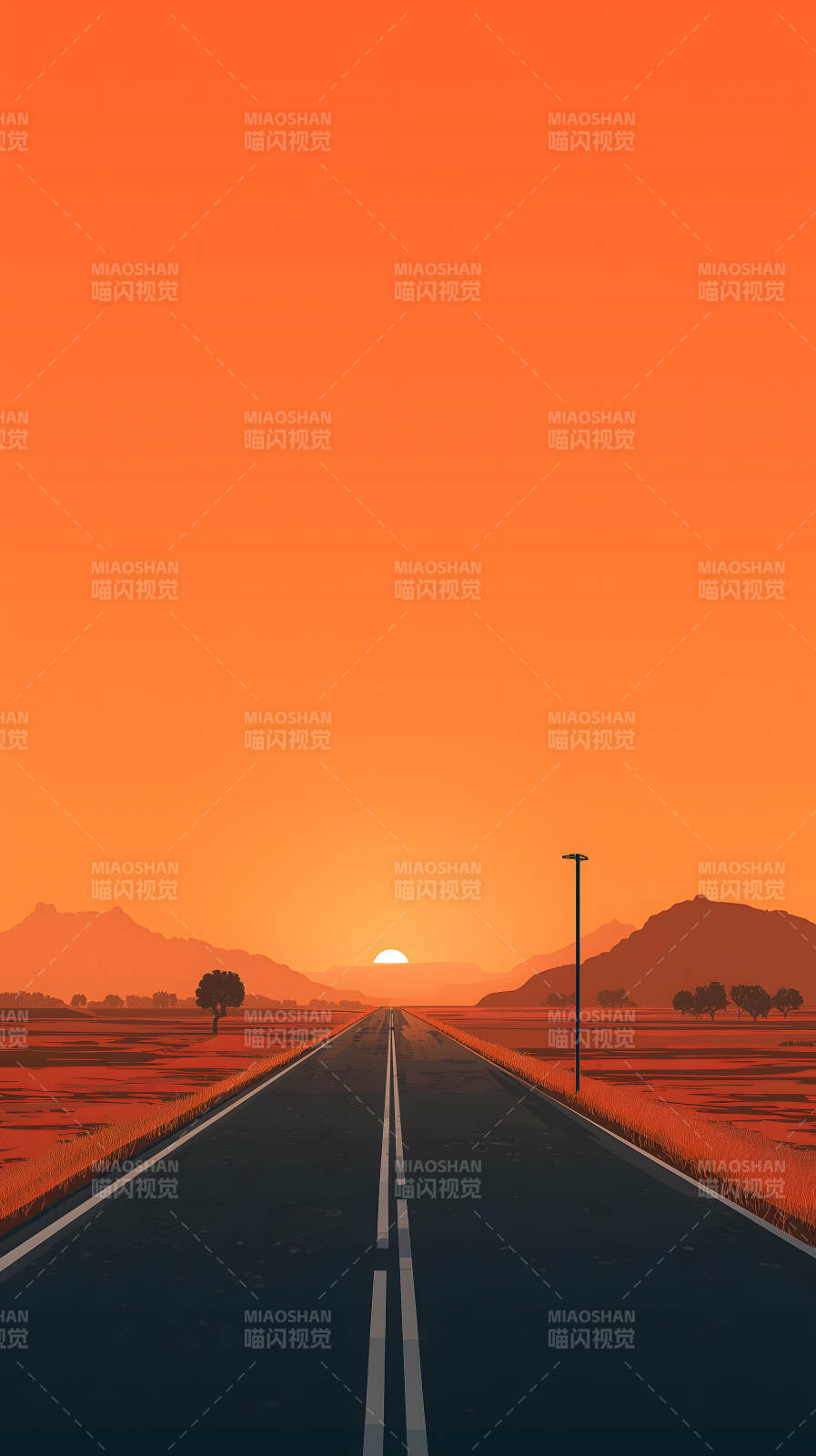 落日余晖下的公路远景图片