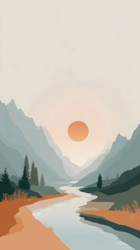 宁静祥和的山河日落图片