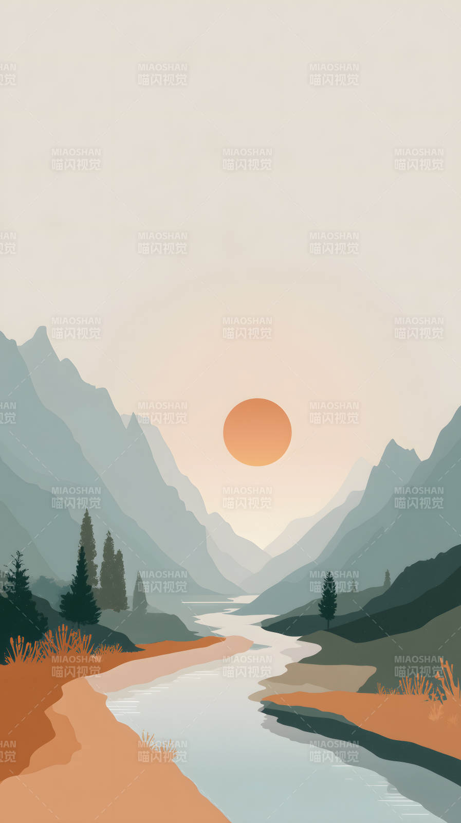 宁静祥和的山河日落图片