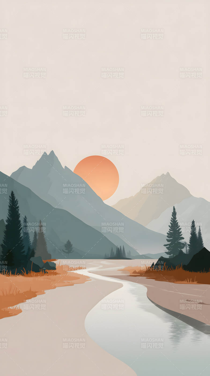 宁静山河晚霞图图片