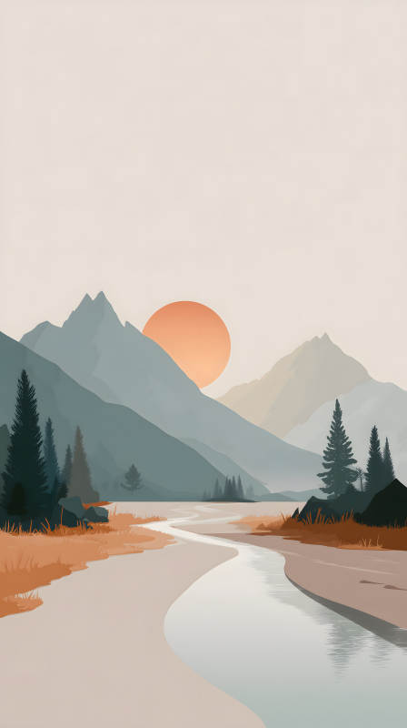 宁静山河晚霞图图片