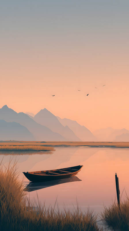 宁静祥和的湖边晚景图片