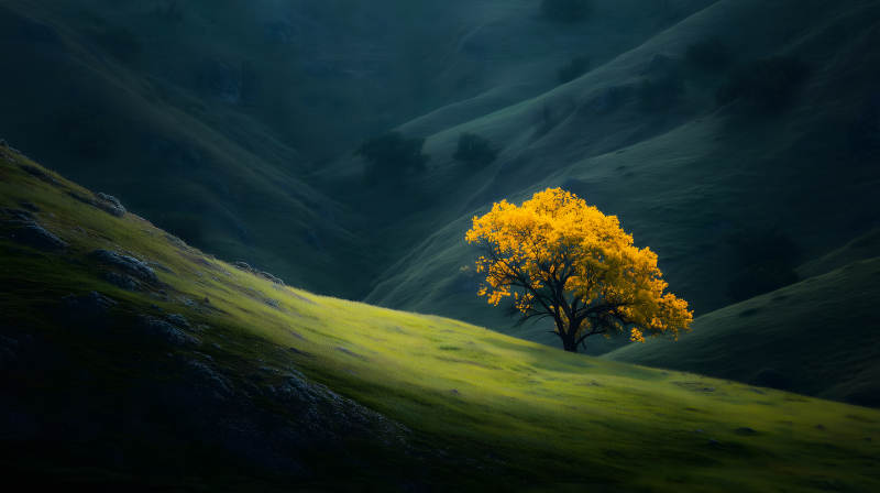 山峦间的金色树冠图片