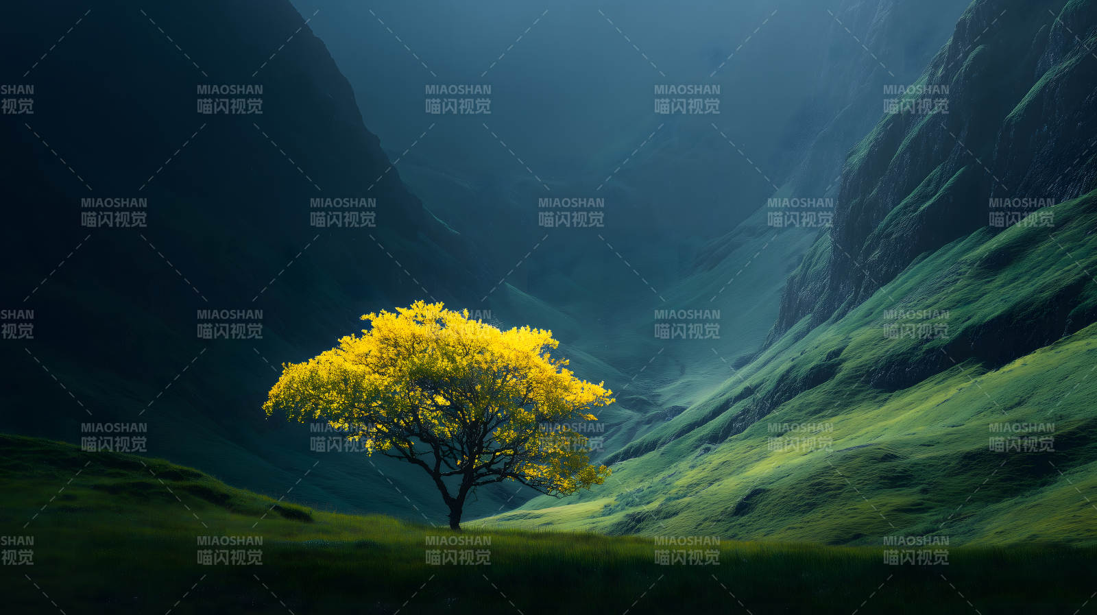 山谷中一棵金黄色的树图片