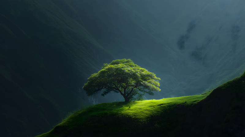 山谷中一棵孤独的树图片