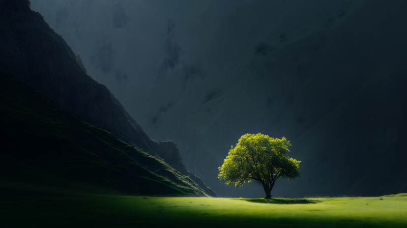 山谷中孤独的绿树图片