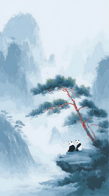 水墨丹青绘山峦熊猫静坐观云烟图片