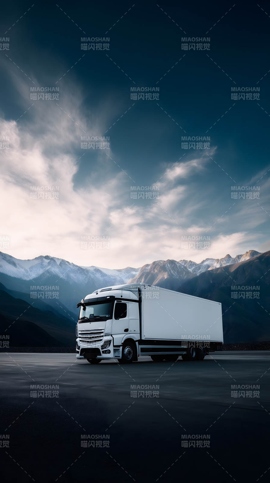 卡车在雪山下的公路行驶图片