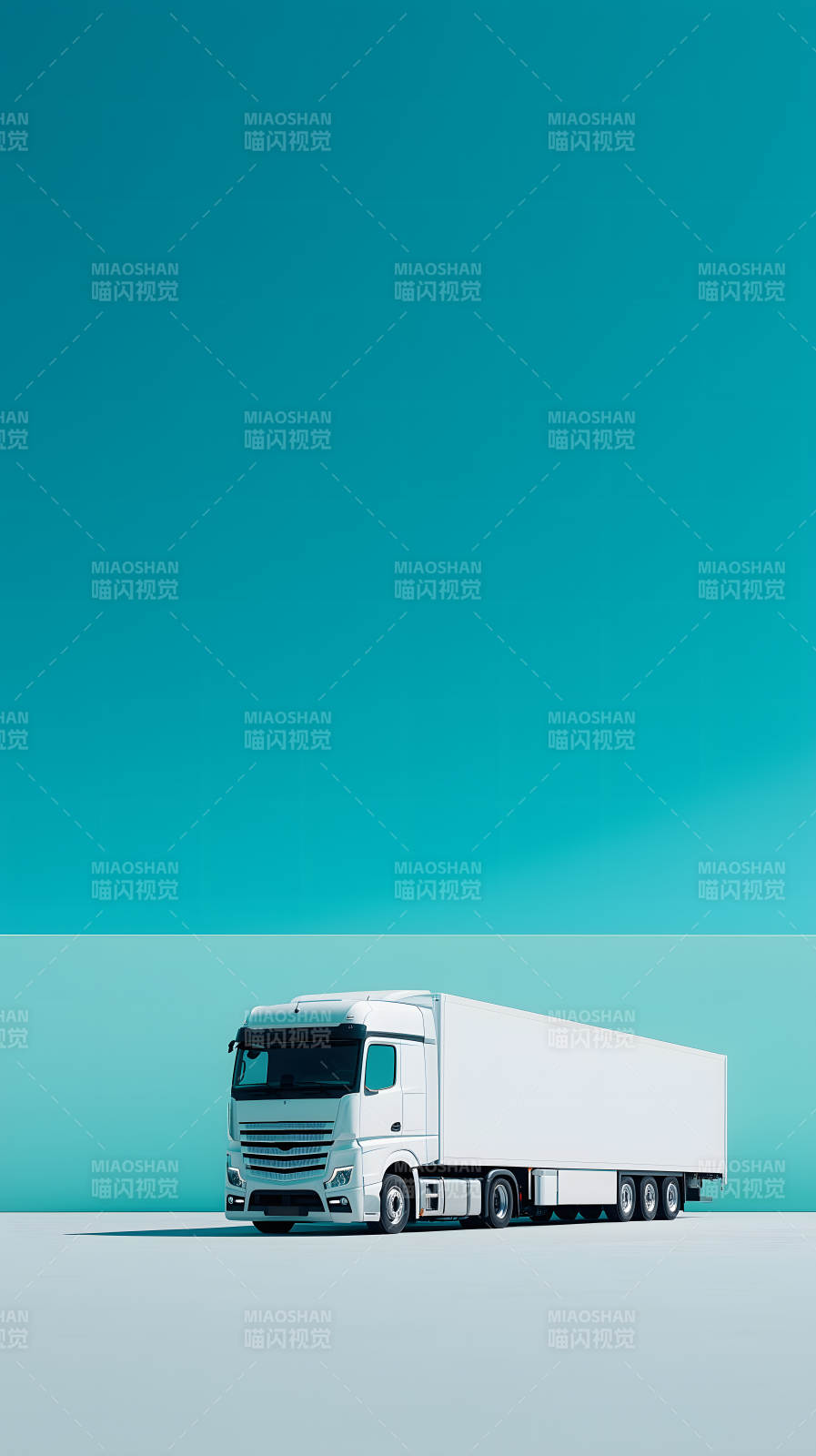 白色卡车停靠在蓝绿色背景下图片