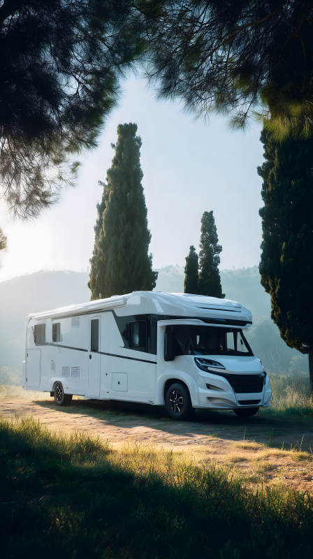 优雅的房车停在树林间图片