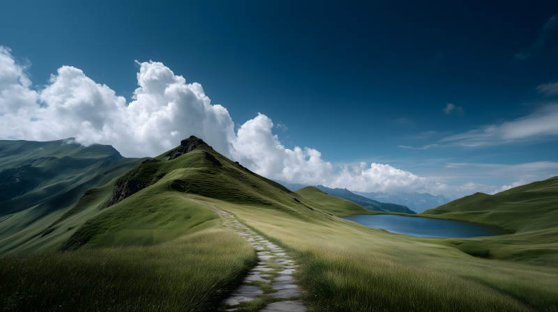 山间小路与碧蓝湖泊图片