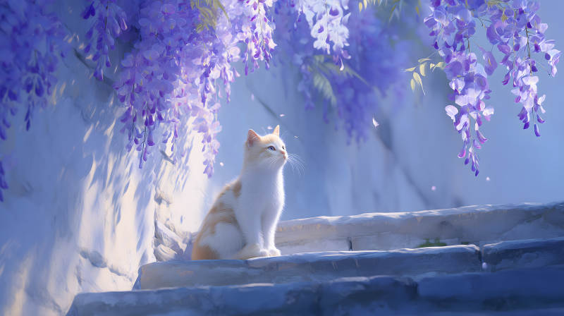紫藤花下的小猫咪图片