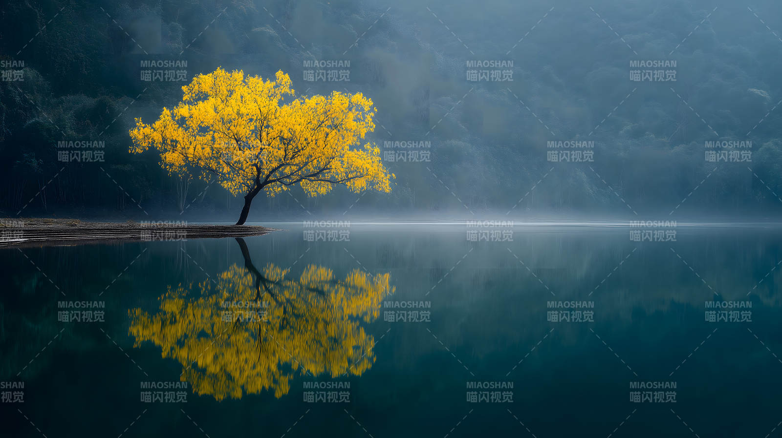 秋日湖畔金黄树图片