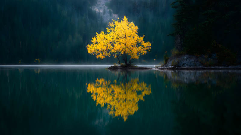 秋日湖畔金黄树图片