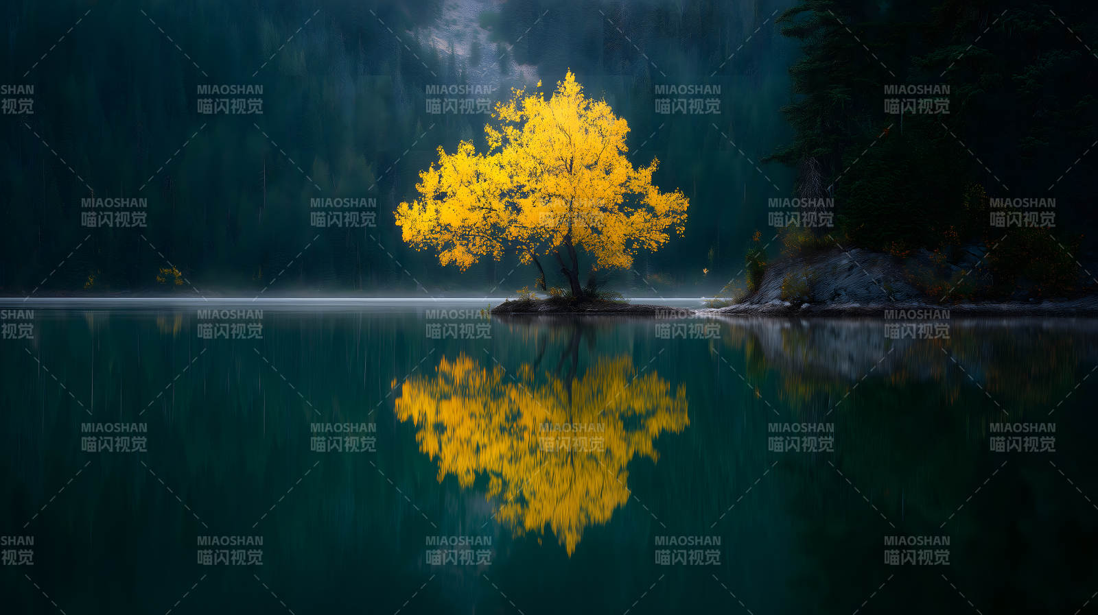 秋日湖畔金黄树图片