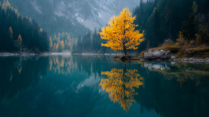 秋日湖畔金黄落叶图片