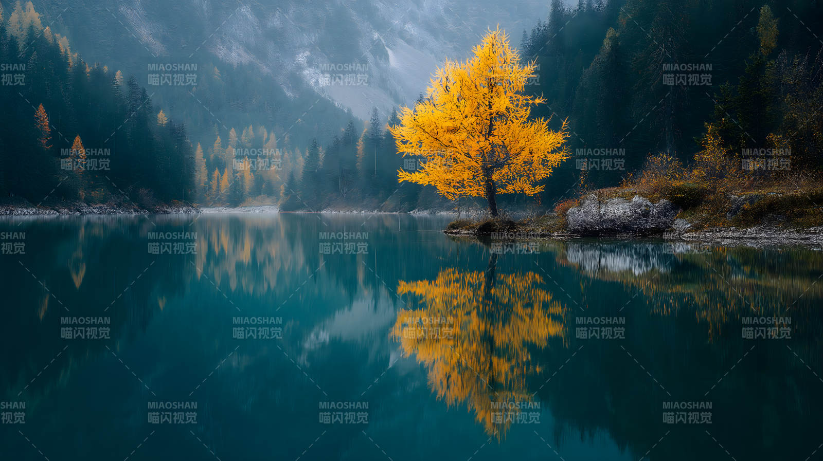 秋日湖畔金黄落叶图片