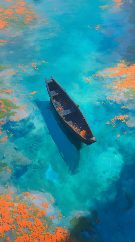 静谧湖泊上的小舟图片