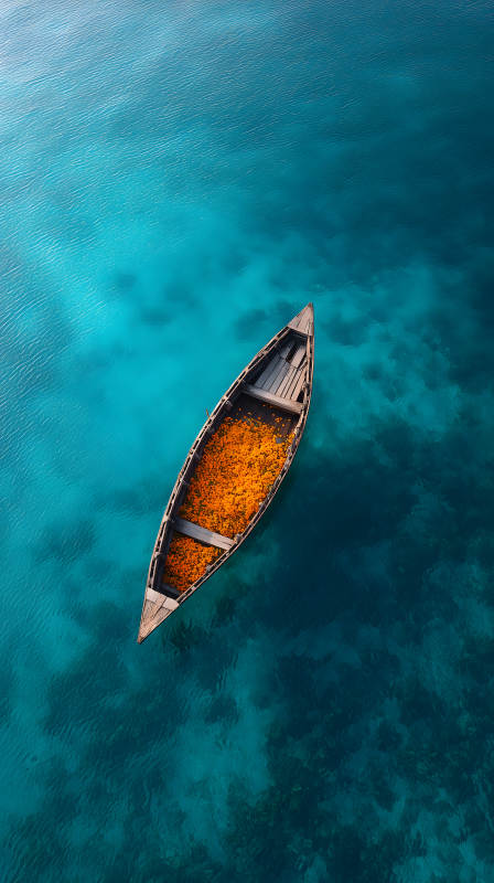 宁静海面上的橙花小舟图片