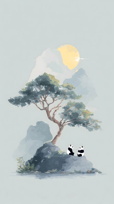 水墨山间熊猫对话图片