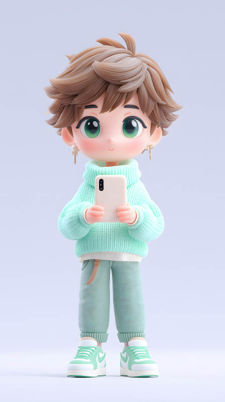 3D卡通男孩玩手机图片