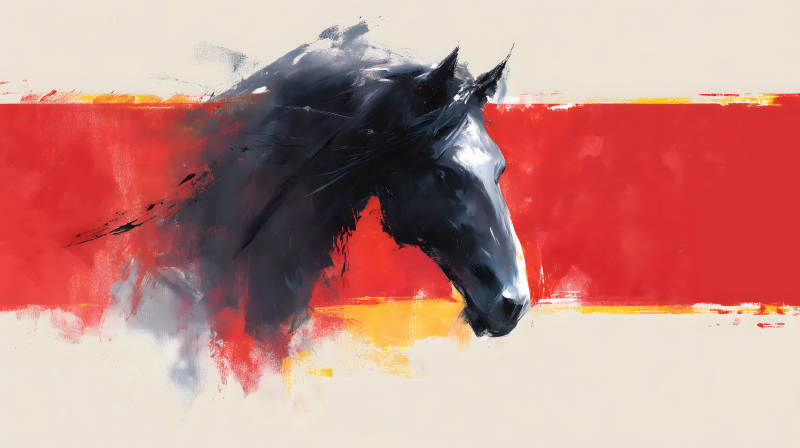 奔腾的黑马与红色背景图片