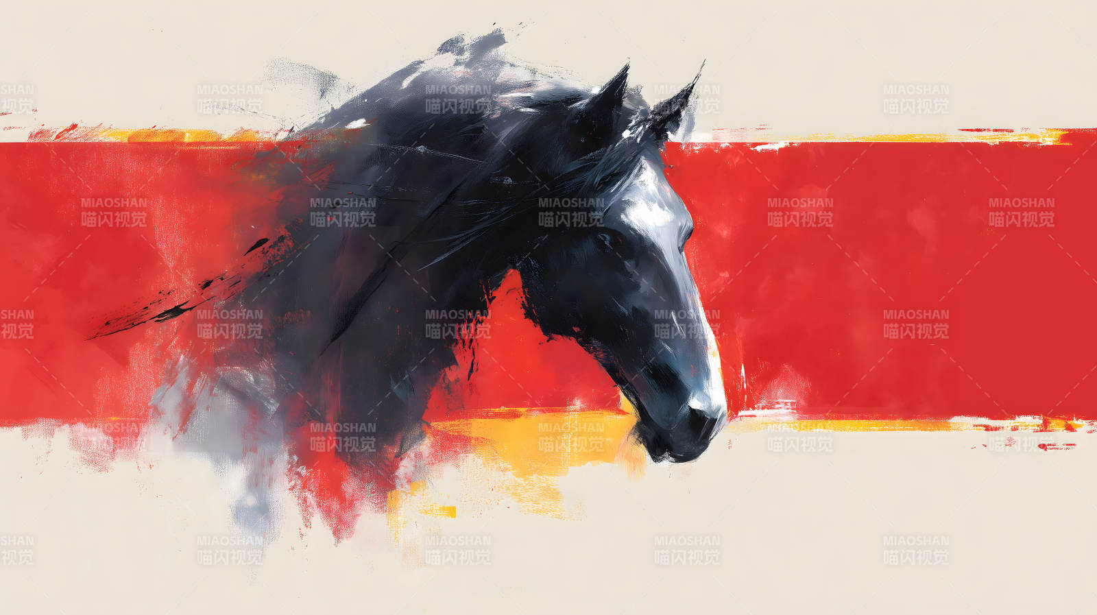 奔腾的黑马与红色背景图片