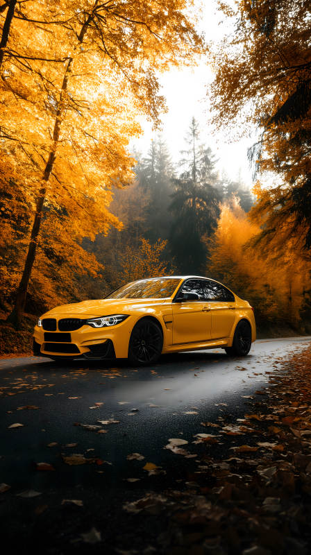 秋日森林里的黄色跑车图片