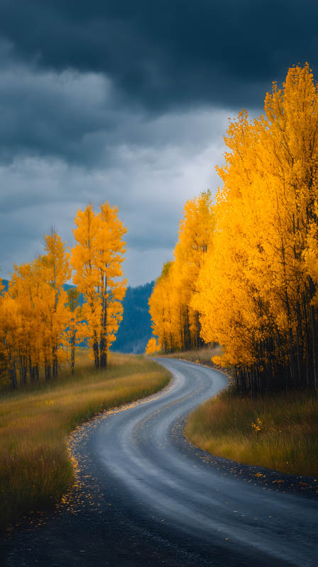 秋日公路与金黄树林图片