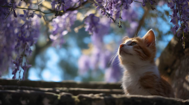 紫藤花下的小猫咪图片