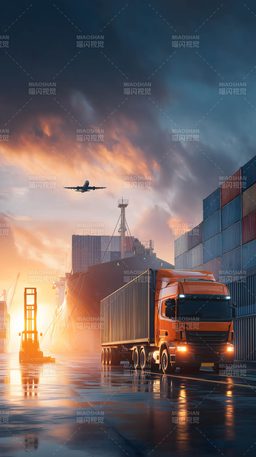 夕阳港口货运场景图片