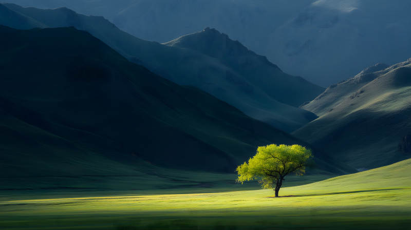 山谷中孤独的绿树图片