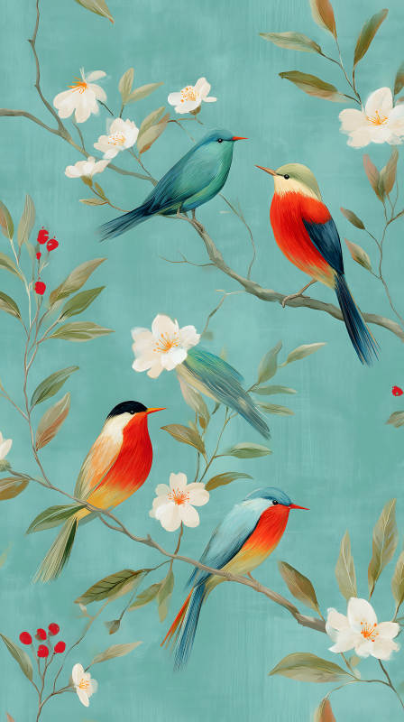 水彩风格的鸟与花卉图图片