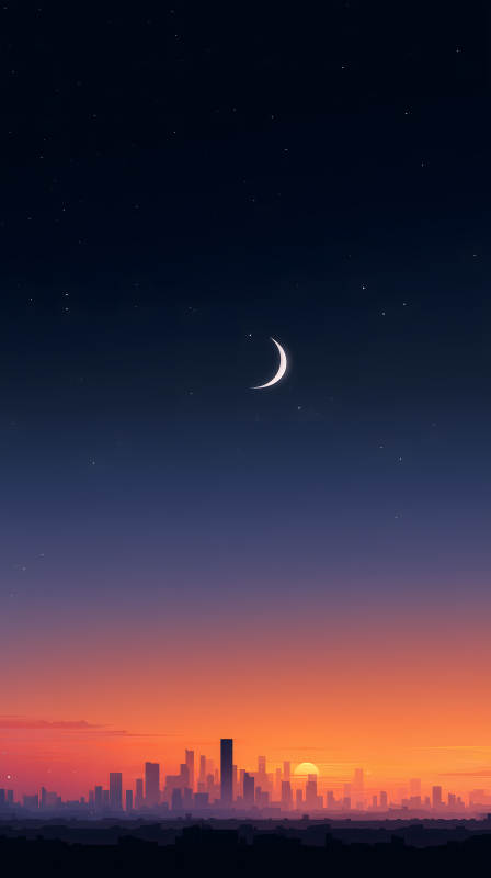 城市日落与新月图片