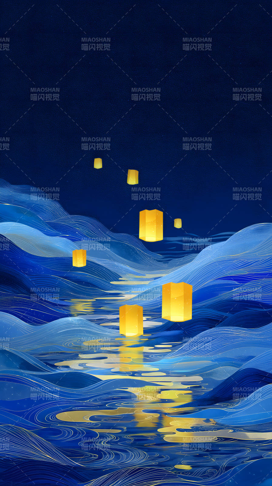 夜色蓝波灯火阑珊图片