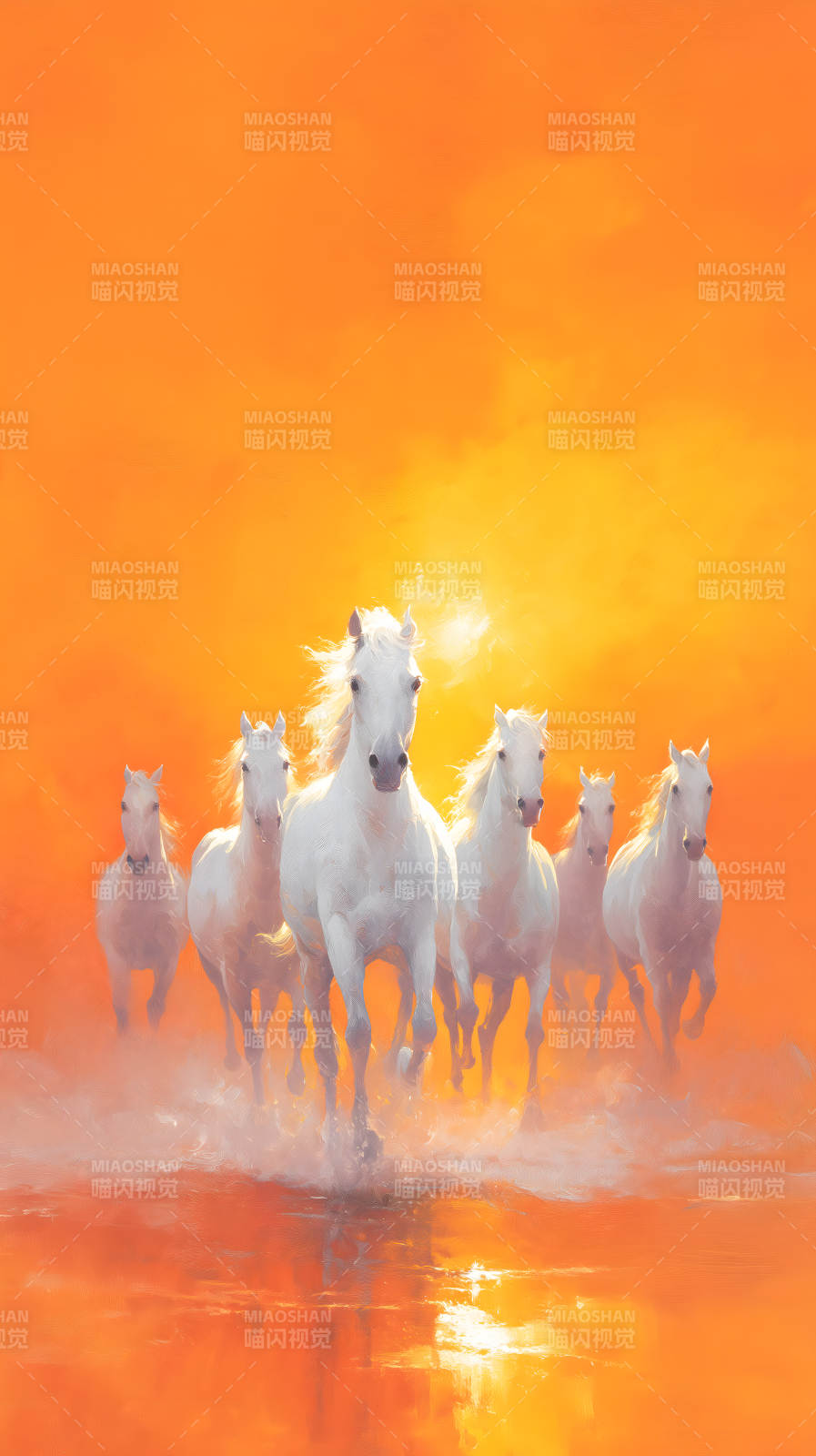 落日下奔腾的白马图片